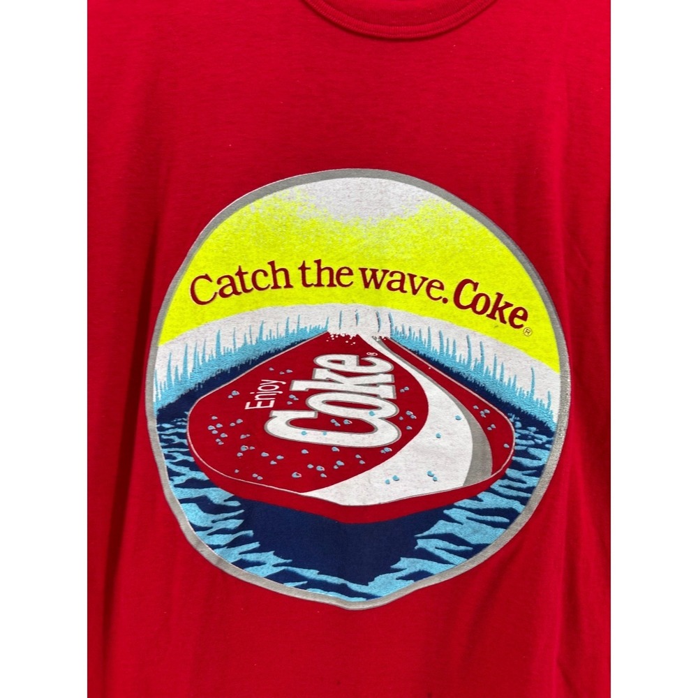 Coca-Cola Catch Wave Shirt Mens Red Short Sleeve Crewneck XL Signal Vintage 80s